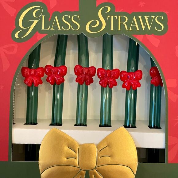 Red Bow Green Glass Straws Set of 6 Christmas Holiday New - Picture 8 of 14